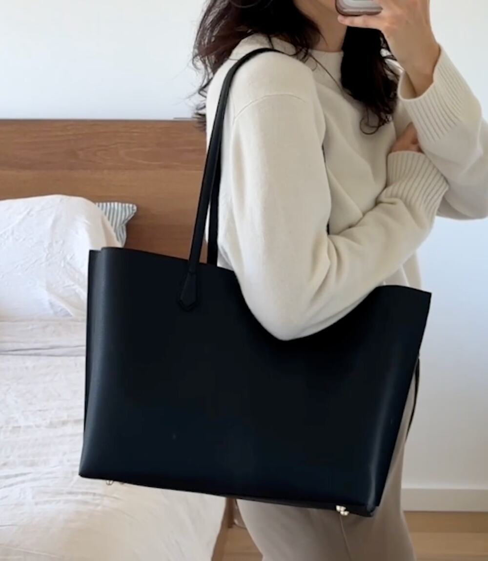 Quince Adeline Leather Triple Compartment Shopper Tote Handbag Purse Black